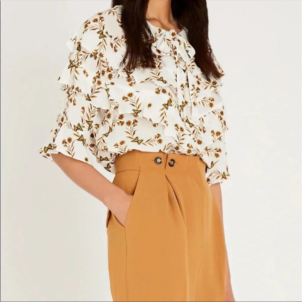 SANDRO BUTTERFLY PRINT RUFFLE BLOUSE